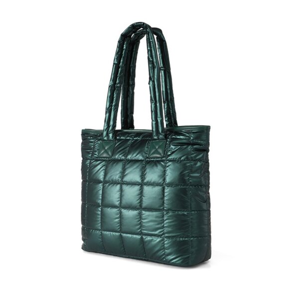 Quilted Puffer Tote - Shiny Forest Green - Double Handle- XL- Lightweight -NWT - Picture 2 of 8